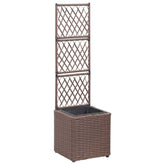 Brown poly rattan raised garden bed with a trellis and removable pot for climbing plants.