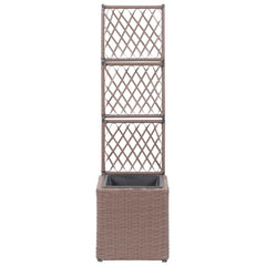 Brown poly rattan raised garden bed with trellis and removable pot for climbing plants.
