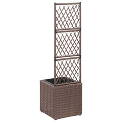Brown poly rattan raised garden bed with trellis and removable pot for climbing plants.
