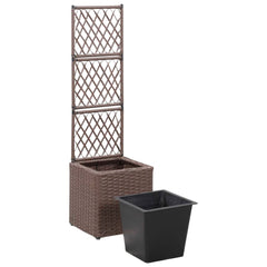 Brown poly rattan raised garden bed with trellis and removable pot for climbing plants.