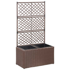 Brown poly rattan trellis planter with two removable pots for vertical plant support.