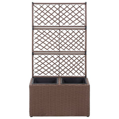 Brown poly rattan trellis raised bed planter with lattice panels and two integrated pots.