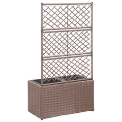 Brown poly rattan trellis raised bed planter with integrated lattice and two removable pots.