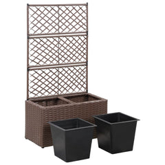 Brown poly rattan trellis raised bed planter with two removable black pots for climbing plants.