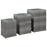 Side Table Set of 3 Gray Poly rattan, glass, metal