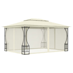 Cream steel frame gazebo with nets and detachable drapes, measuring 9.8x13.1x8.7 feet.