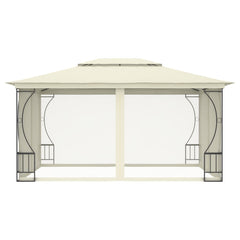 Cream gazebo with nets, 9.8'x13.1'x8.7' steel frame, open sides and peaked roof.