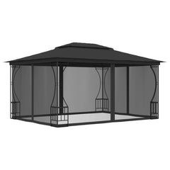 Anthracite steel gazebo with mosquito nets, measuring 9.8'x13.1', offers spacious outdoor shelter.