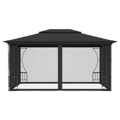 Anthracite steel gazebo with mosquito nets, measuring 9.8'x13.1', offering shade and protection.
