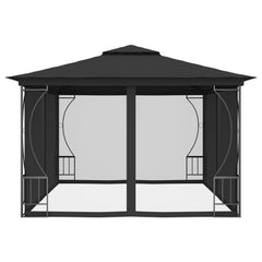 Anthracite steel gazebo with mosquito nets.
