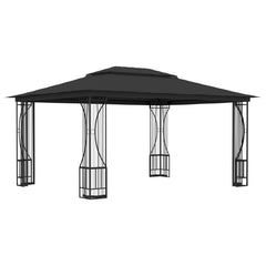An anthracite steel gazebo with a black roof and transparent mosquito nets.