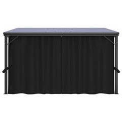 Anthracite gazebo with curtains, aluminum steel frame, and UV-resistant roof for outdoor shade.