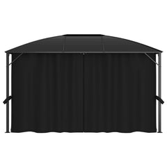 Anthracite gazebo with black curtains and polycarbonate roof, measuring 157.5x118.1x104.3 inches.