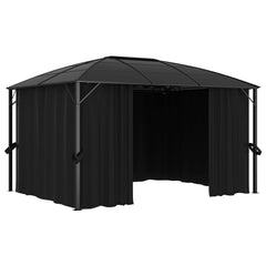 Anthracite gazebo with four curtains and a polycarbonate roof, measuring 157.5x118.1x104.3 inches.