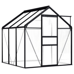 Anthracite aluminum frame greenhouse with clear polycarbonate panels and front door.