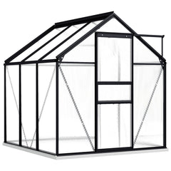 Anthracite aluminum greenhouse with base frame and clear polycarbonate panels, 38.9 ft².