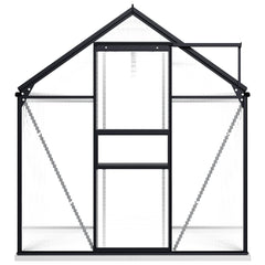 Anthracite aluminum greenhouse with base frame, 38.9 sq ft, featuring polycarbonate panels and vents.