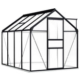 Anthracite aluminum greenhouse with base frame and clear polycarbonate panels, 51.1 sq ft footprint.