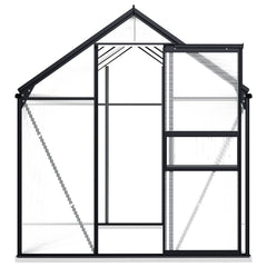 Anthracite aluminum greenhouse with base frame, 51.1 sq ft, featuring polycarbonate panels and vents.