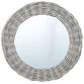 A round wall mirror with a light gray wicker rattan frame.