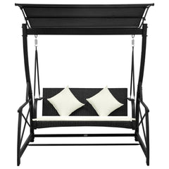 Black 3-seater poly rattan garden swing bench with canopy and white cushions.