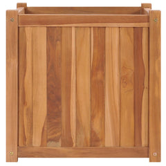 Teak wood raised garden bed with a smooth surface and natural grain, measuring 19.7 inches square.
