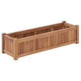 Rectangular raised garden bed planter made of solid teak wood with natural finish.