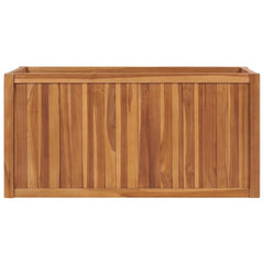 Raised garden bed planter made of solid teak wood with vertical slats and natural finish.
