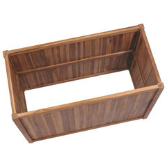 Solid teak wood raised garden bed planter, rectangular with slatted sides.