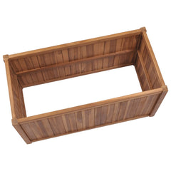 A rectangular solid teak wood raised garden bed planter, measuring 39.4x19.7x27.6 inches, with natural wood grain.