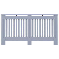 Anthracite MDF radiator cover with slatted design and top shelf, measuring 59.8x7.5x32.1 cm.