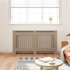 Modern slatted MDF radiator cover in taupe, 59.8x7.5x32.1 inches, in a living room.