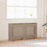 Modern slatted MDF radiator cover in gray, 59.8x7.5x32.1 inches, in a living room.