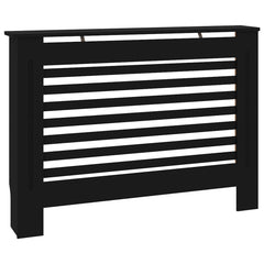 Black MDF radiator cover with slatted front and top shelf, 44.1x7.5x32.1 inches.