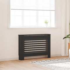 Black MDF radiator cover with slatted front and top shelf, 44.1x7.5x32.1 inches, in a light room.