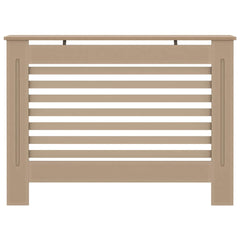 Beige MDF radiator cover with slatted design and top shelf, measuring 44.1 by 7.5 by 32.1 inches.