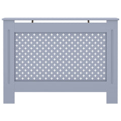 Anthracite MDF radiator cover with slatted front and top shelf, 44.1x7.5x32.1 inches.