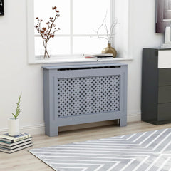 Anthracite MDF radiator cover measuring 44.1x7.5x32.1in with slatted front in a modern living room.