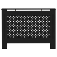 Black MDF radiator cover with slatted honeycomb design and top shelf, sized 44.1x7.5x32.1 inches.