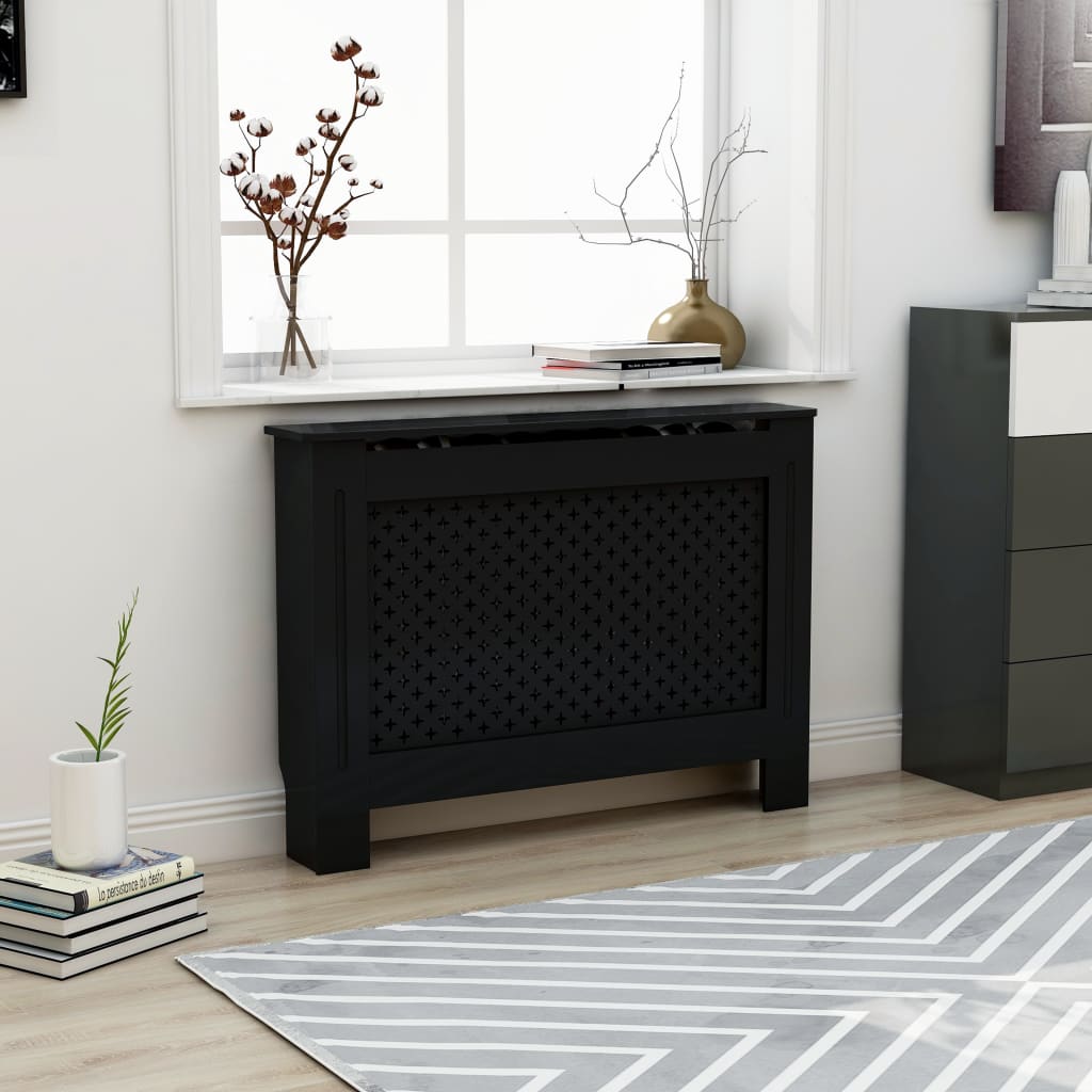 Black MDF radiator cover with slatted design, measuring 44.1x7.5x32.1 inches, in a modern living room.