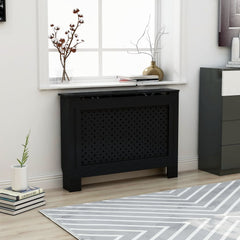 Black MDF radiator cover with slatted design, measuring 44.1x7.5x32.1 inches, in a modern living room.