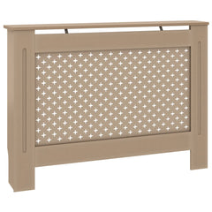 A wooden slatted MDF radiator cover measuring 44.1 by 7.5 by 32.1 inches.