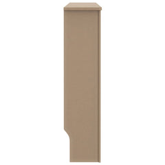 Side view of a beige Bostome MDF radiator cover with a slatted design and flat top shelf.
