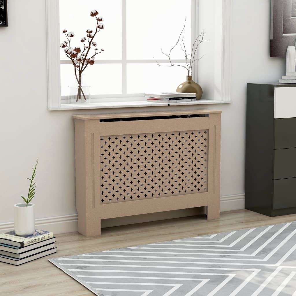 Beige MDF radiator cover with slatted front, measuring 44.1 by 7.5 by 32.1 inches.