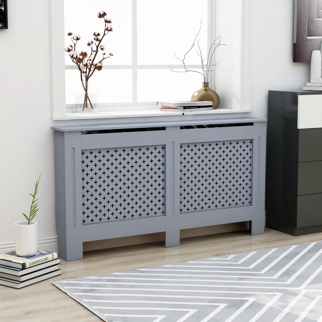 Anthracite MDF radiator cover with slatted design and shelf, 59.8x7.5x32.1 inches.