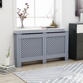 Anthracite MDF radiator cover with slatted design and shelf, 59.8x7.5x32.1 inches.