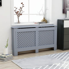 Anthracite MDF radiator cover with slatted design and shelf, 59.8x7.5x32.1 inches.