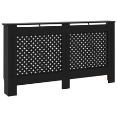 Black MDF radiator cover with slatted design, measuring 59.8x7.5x32.1 inches.