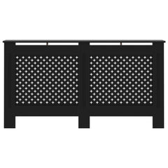 Black MDF radiator cover with slatted design, measuring 59.8x7.5x32.1 inches.