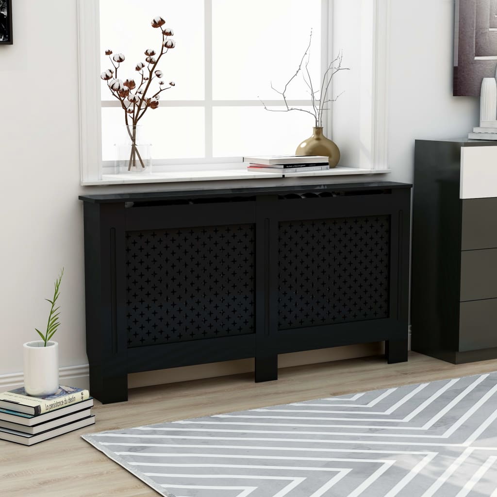 Black MDF radiator cover with slatted design, 59.8x7.5x32.1 inches, in a modern living room.